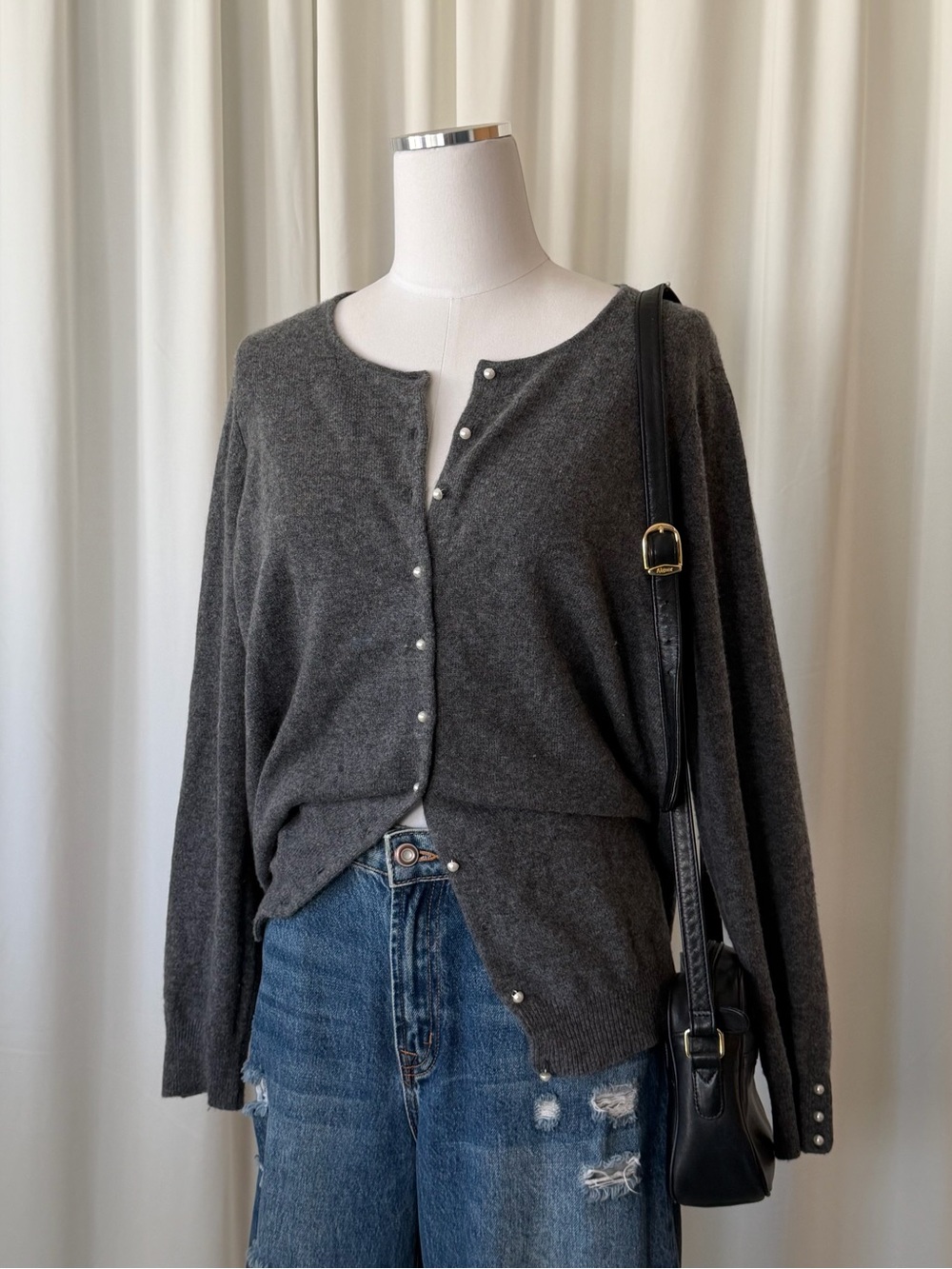 Evelyn Grace 100% Cashmere Knit Cardigan Sweater 1X Gray Button-up Minimalist.